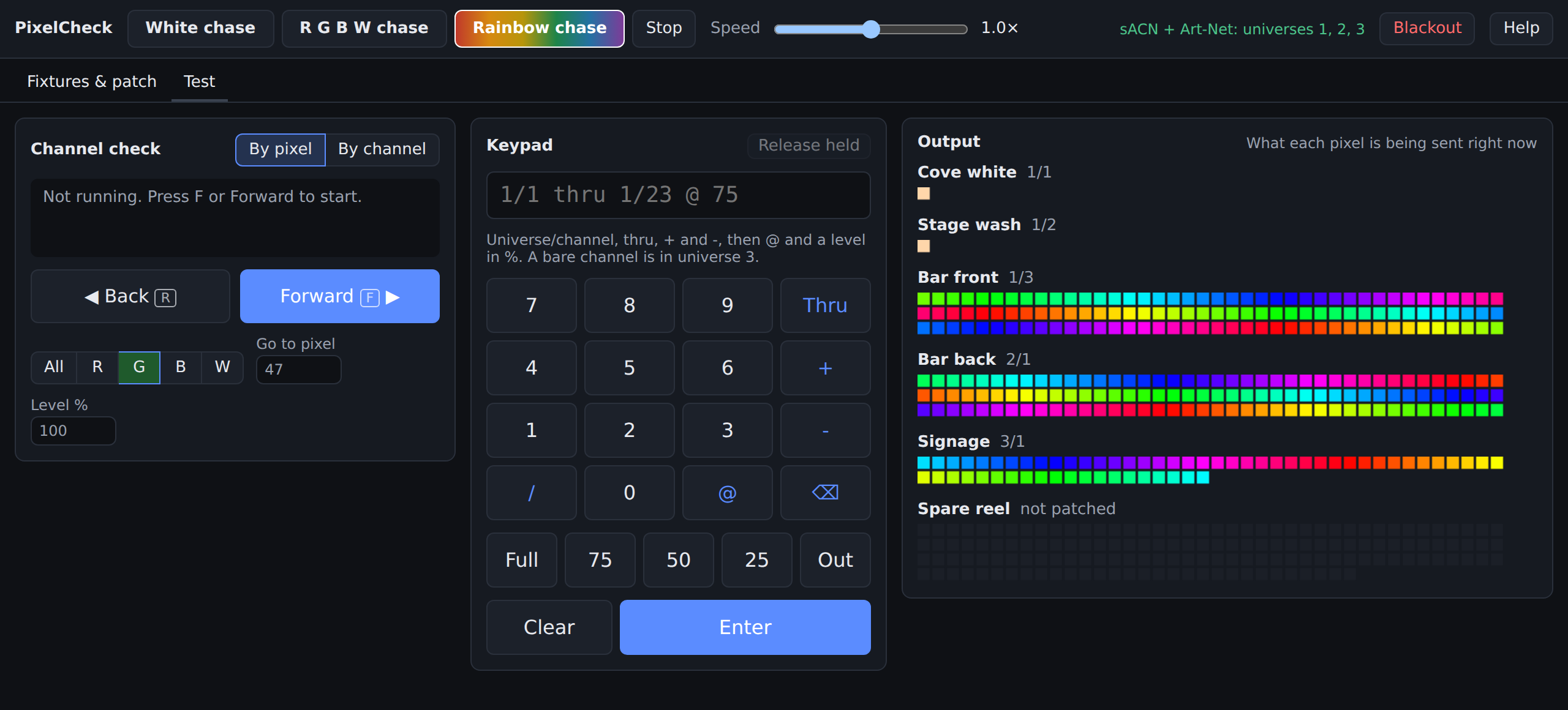 PixelCheck running a rainbow chase across three strips, with the live output view