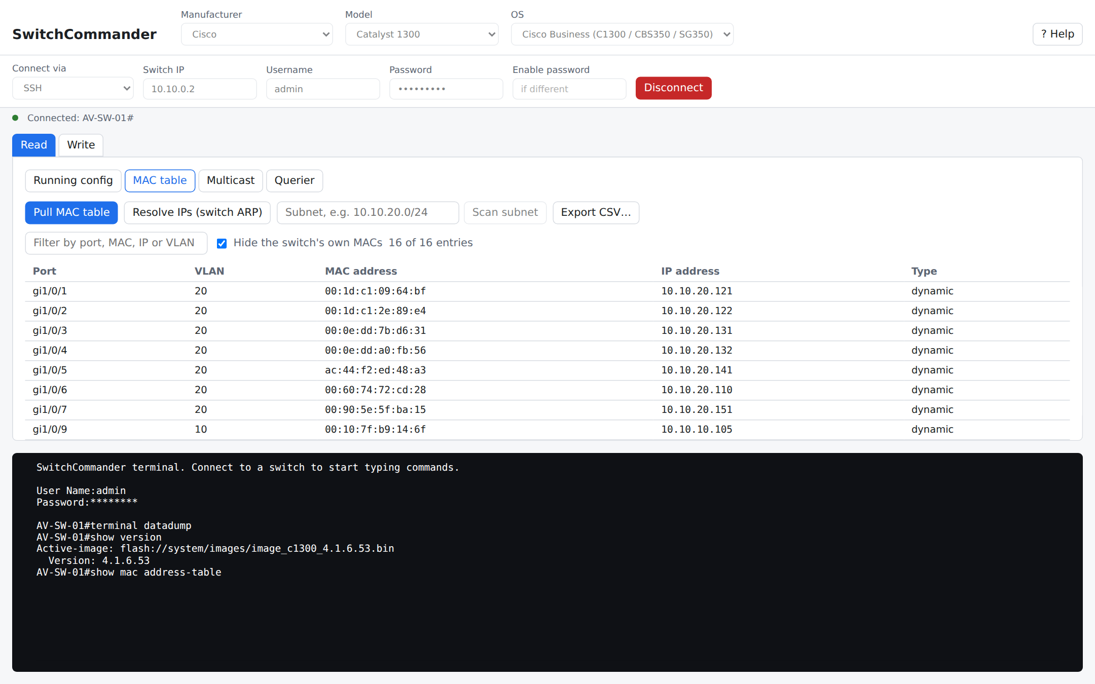 The MAC table view with IP addresses resolved from the switch's ARP table